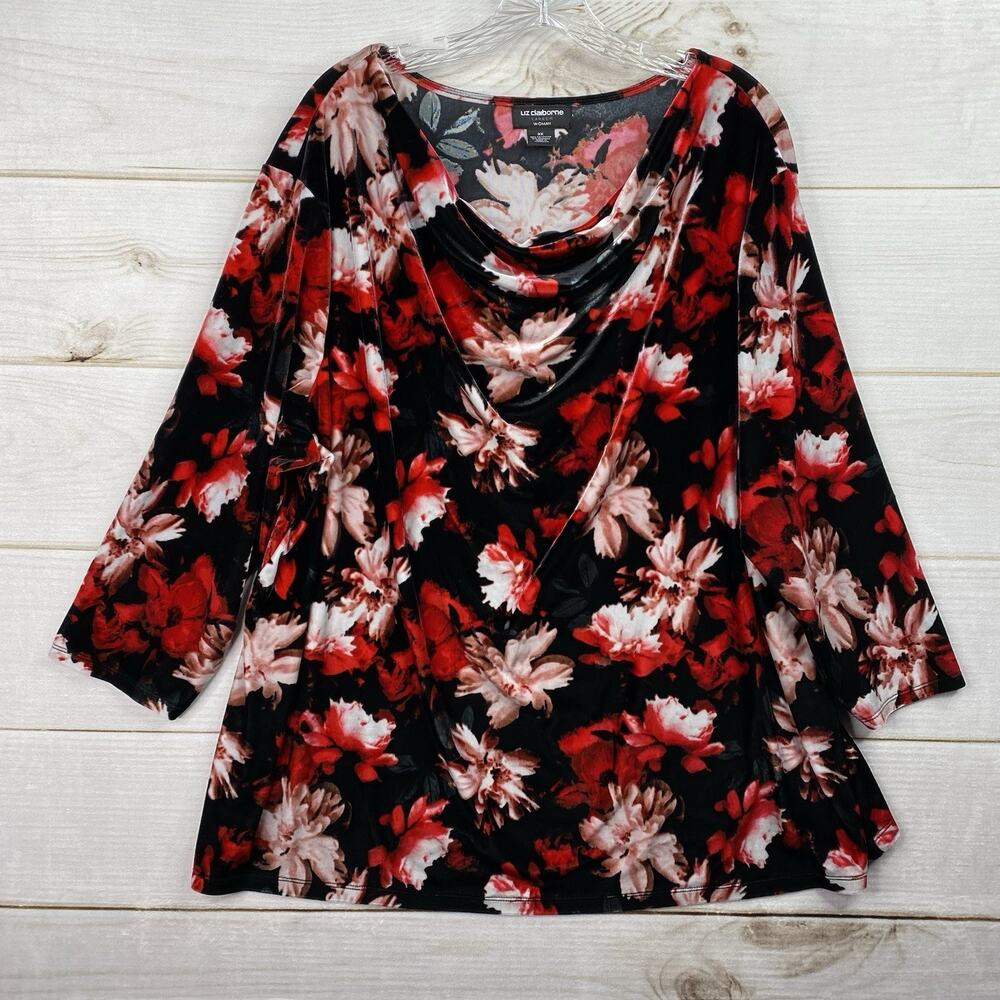 Liz Claiborne Top Womens 3X Black Red Floral Crushed Velvet Slouch Neck 3/4 Slv
